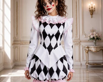 May include: A long-sleeved romper featuring a black and white diamond harlequin pattern, a white ruffled collar with light pink trim, and matching light pink ruffled cuffs on the sleeves and leg openings, creating a structured, playful silhouette.