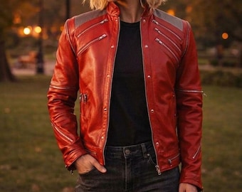 Michael Jackson Beat It Rot Leder Bikerjacke Unisex MJ Tribute Mantel