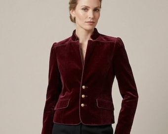 Luxury Burgundy Velvet Blazer for Women – Stand Collar Tailored Jacket