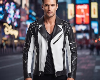 May include: A black and white leather motorcycle jacket featuring a notched lapel, silver-toned metal zips on the chest and sleeves, and a quilted black shirt underneath. The jacket has a colour-blocked design with white panels on the front.
