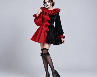 May include: A two-toned red and black velvet dress featuring a large ruffled collar, long sleeves with ruffled cuffs, and three red pom-poms down the front. The outfit includes a matching pointed hat with a red pom-pom and sheer black stockings.