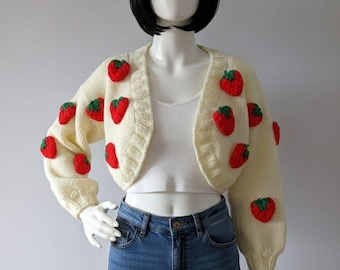 Handmade 3D Strawberry Knit Cropped Cardigan || Soft Korean Style Knitwear