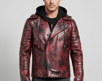 Michael Kiske 'Pumpkins United' Leather Biker Jacket - Distressed Burgundy Vintage Rock Style
