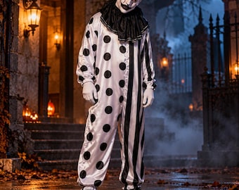 May include: A clown costume featuring a white satin jumpsuit with black polka dots on one side and vertical black stripes on the other. The outfit includes a black ruffled neck collar, white gloves, and a white face mask with black eye and mouth makeup.