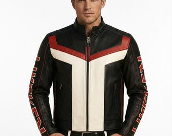 May include: Black leather jacket with red and white detailing. The jacket has a stand-up collar, a front zip, and a design on the sleeves. It is worn with a black belt and white trousers.