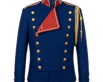 May include: A navy blue military-style jacket with gold buttons and shoulder cords. The jacket has a red leather collar and lapel with white trim. The sleeves have buttoned cuffs. A formal garment suitable for costumes or historical reenactments.