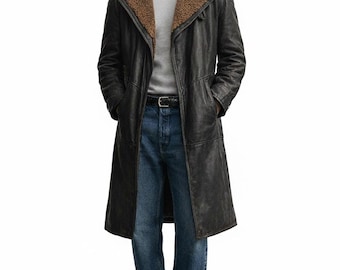 Men's Black Shearling Collar Leather Coat , Vintage Aviator Style