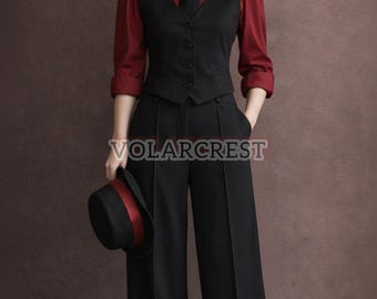 May include: A black three-piece suit with a red shirt and black tie. The suit comprises a waistcoat and wide-leg trousers. A black hat with a red band is held. The text "VOLARCREST" is visible.