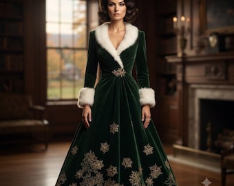 May include: A floor-length dark green velvet gown featuring a white faux fur collar and cuffs, long sleeves, and a gold embroidered snowflake pattern along the skirt. The dress includes a decorative gold brooch at the waist and a V-neckline.