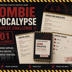 Könnte beinhalten: Ein druckbares Zombie-Apokalypse-Paar-Herausforderungsspiel mit Überlebensregeln, einem Überlebens-Tracker und Spielkarten. Das Design enthält schwarzen, weißen und roten Text mit Warnstreifen, Biohazard-Symbolen und einer Stadtsilhouette.