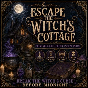 May include: A printable Halloween escape room game titled Escape The Witch's Cottage. The graphic features a dark cottage, a smoking cauldron, potion bottles, and a spellbook. Icons indicate a medium difficulty, 45-60 minutes, 2-8 players, and ages 13+.