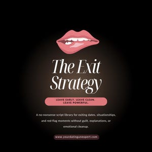 Może przedstawiać: Grafika z białym napisem "The Exit Strategy", przedstawiająca różową wargę, która gryzie dolną wargę. Tekst "LEAVE EARLY. LEAVE CLEAN. LEAVE POWERFUL." znajduje się w różowym prostokącie. Poniżej tekst opisujący bibliotekę skryptów.