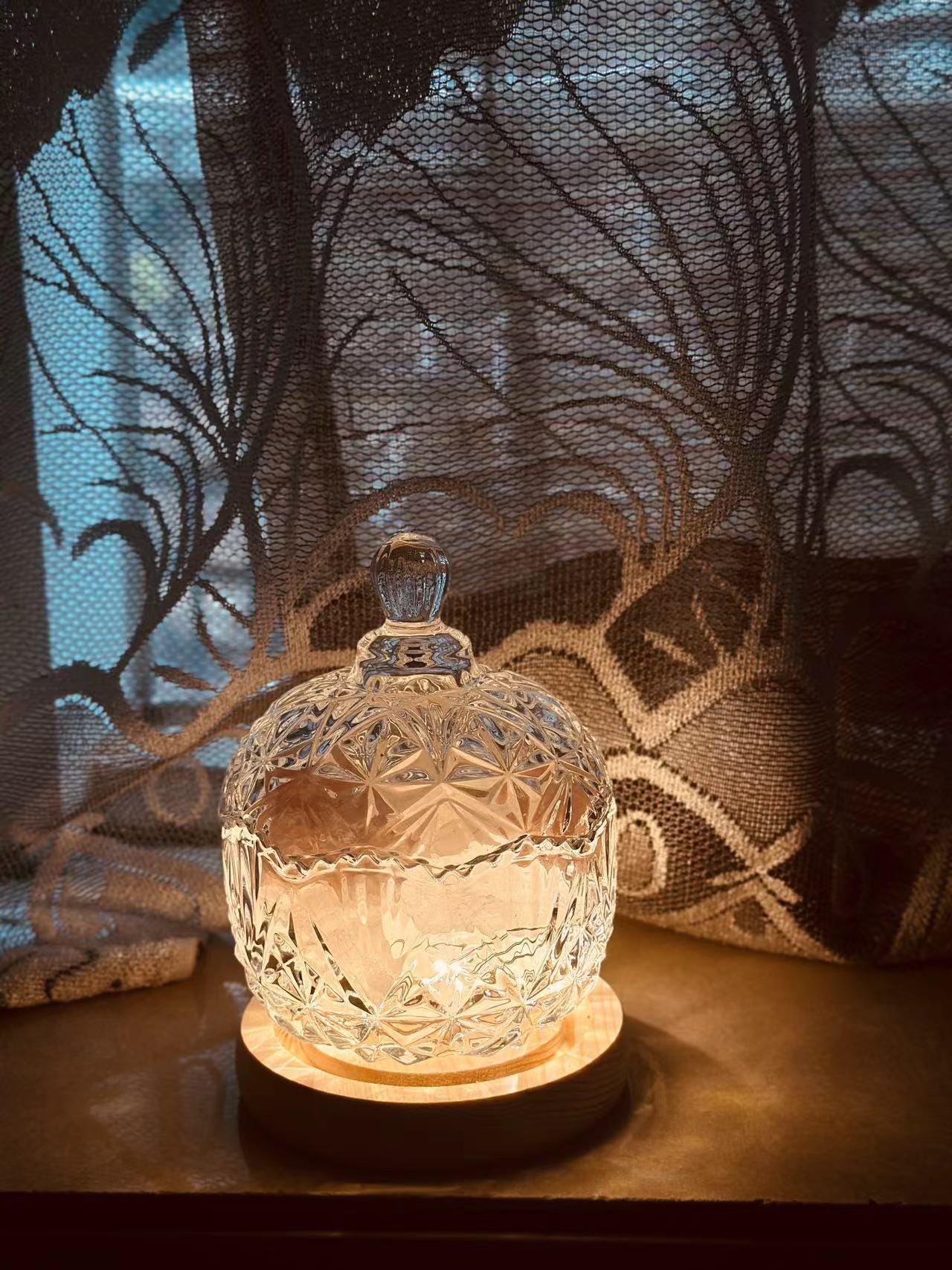 Crystal Stone Aroma Light – Glass Bowl Essential Oil Diffuser Lamp with Himalayan Rock & Wooden Base | Night Light and Room Fragrance