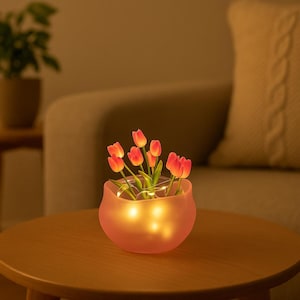 Pink Tulip Night Light – Frosted Glass Vase LED Lamp, Cozy Bedroom or Nursery Decor, Cottagecore Floral Gift, Soft Ambient Lighting