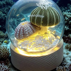 Sea Urchin Mushroom Night Light – Coastal Glass Dome Lamp with Real Sea Urchin Shells and Warm LED – Beach House Decor, Ocean Lover Gift