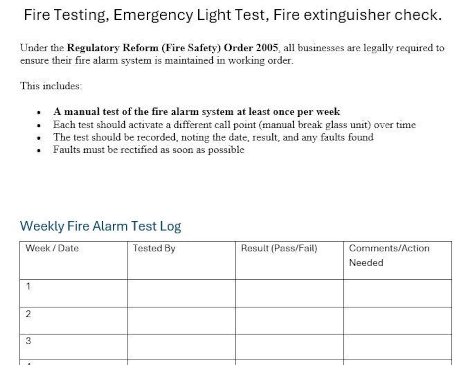 UK Fire Safety Log Book Template: Weekly Testing Sheet (PDF & Word) - Etsy