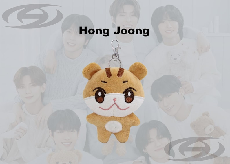 May include: A plush keychain featuring a cartoon tiger with brown and white fur, large brown eyes, and a smiling face. The keychain has a silver clasp. The text "Hong Joong" is above the plush toy.