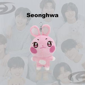 May include: A pink plush bunny keychain with a silver clasp. The bunny has embroidered facial features, pink cheeks, and a white belly patch. The word "Seonghwa" is above the bunny. The background features a group of people.