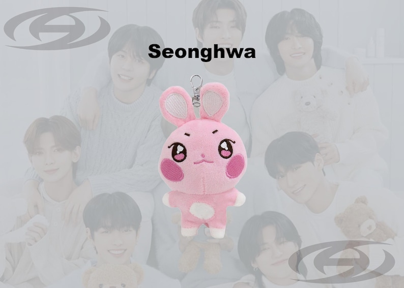 May include: A pink plush bunny keychain with a silver clasp. The bunny has embroidered facial features, pink cheeks, and a white belly patch. The word "Seonghwa" is above the bunny. The background features a group of people.