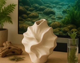 Modern Wavy White Ceramic Vase, Minimalist Scandinavian Decor for Nightstands, Dried or Fresh Flower Display, Sculptural Art Vase for Home