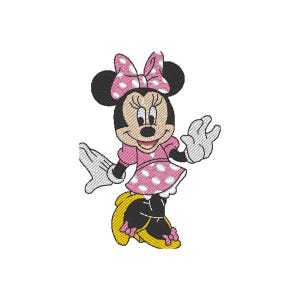 May include: Embroidered image of Minnie Mouse in a pink dress with white polka dots and a matching bow. She has black ears, a smiling face, and white gloves. Her yellow shoes complete the look. A classic cartoon character.