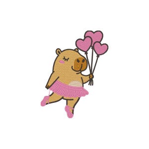 Puede incluir: Diseño bordado de un carpincho con tutú rosa y zapatillas de ballet, sosteniendo tres globos rosas en forma de corazón. El carpincho tiene una expresión sonriente y ojos cerrados, con un cuerpo marrón claro y fondo blanco.