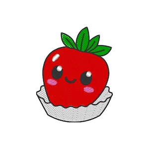 May include: Embroidered design of a smiling red strawberry with green leaves and a white ruffled base. The strawberry has large black eyes, pink cheeks, and a small curved mouth. The design is on a white background.