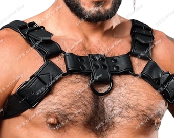 Black Leather Men's Chest Harness – Adjustable Shoulder Belt, Plus Size Available