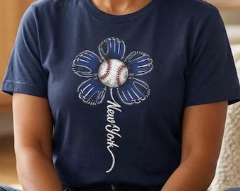 New York Baseball Flower T-Shirt Yankees Shirt| Sports Floral Design, Navy Petals