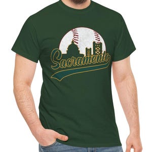 Sacramento City Baseball Tee – Retro Skyline & Baseball Graphic Shirt