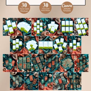 May include: A collection of tarot card mockups and stock photos with a "Mystic Ocean" theme. The image includes various layouts of tarot cards, seashells, and fabric. Text on the image includes "Tarot Cards Mockups + Stock Photos", "30 Tarot Card Mockups", and "Canva Editable Template".