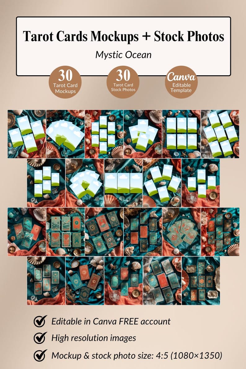 May include: A collection of tarot card mockups and stock photos with a "Mystic Ocean" theme. The image includes various layouts of tarot cards, seashells, and fabric. Text on the image includes "Tarot Cards Mockups + Stock Photos", "30 Tarot Card Mockups", and "Canva Editable Template".
