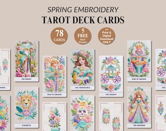 Printable Spring Embroidery Tarot Deck Cards tarot for beginners floral embroidery printable deck 78 tarot card bundle flower oracle PNG