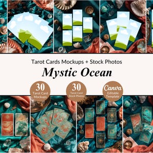 May include: A composite image featuring tarot card mockups and stock photos. The text "Mystic Ocean" is displayed prominently. The image includes various tarot card designs, seashells, and decorative elements, with the text "30 Tarot Card Mockups", "30 Tarot Card Stock Photos", and "Canva Editable Template".