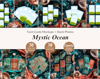 30 Mystic Ocean Tarot Mockup Scenes and Stock Photos Bundle Tarot Canva Template Cards Mockup Instagram Post For Spiritual Business Flat Lay