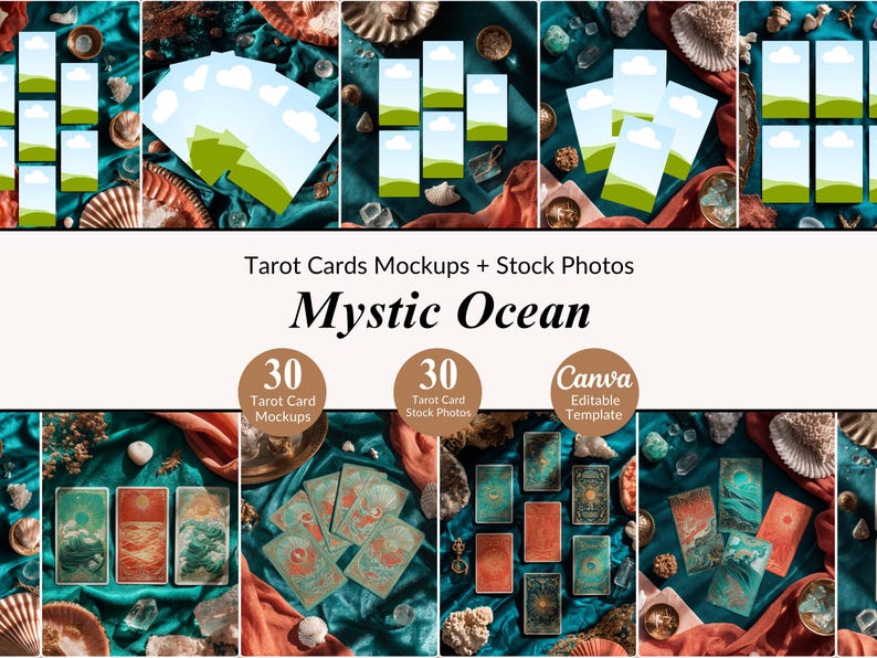 May include: A composite image featuring tarot card mockups and stock photos. The text "Mystic Ocean" is displayed prominently. The image includes various tarot card designs, seashells, and decorative elements, with the text "30 Tarot Card Mockups", "30 Tarot Card Stock Photos", and "Canva Editable Template".