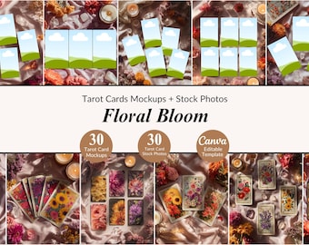 30 Floral Bloom Tarot Mockup Scenes and Stock Photos Bundle Product Flat Lays Tarot Card Canva Template Flower Oracle Spiritual Business PNG