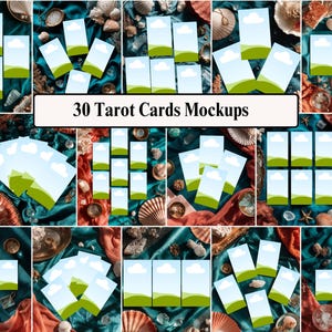 May include: An overhead shot of 30 tarot card mockups arranged in various layouts. Each card features a blue sky with white clouds over a green landscape. The cards are set against a backdrop of seashells, fabric, and decorative items.