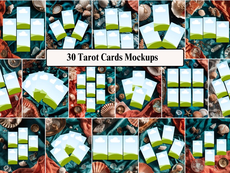May include: An overhead shot of 30 tarot card mockups arranged in various layouts. Each card features a blue sky with white clouds over a green landscape. The cards are set against a backdrop of seashells, fabric, and decorative items.