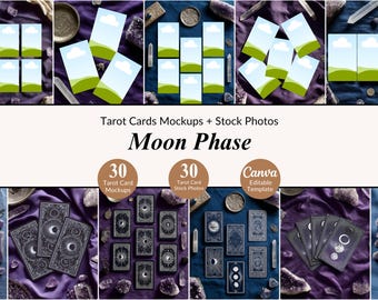 30 Moon Phase Tarot Mockup Scenes and Stock Photos Bundle Mystical Tarot Flat Lays Spiritual Business Tarot Reader Canva Template Cards Set
