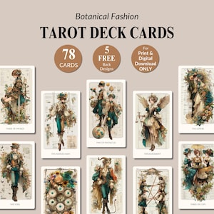 Könnte beinhalten: Tarotkarten mit botanischen Modeillustrationen. Die Karten zeigen detaillierte Kunstwerke mit Figuren und floralen Elementen. Der Text auf den Karten enthält Titel wie "Three of Swords" und "The Lovers". Das Bild enthält auch den Text "78 Karten" und "5 Kostenlose Rückseiten-Designs".