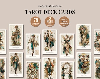 May include: Tarot deck cards with botanical fashion illustrations. The cards display detailed artwork with figures and floral elements. The text on the cards includes titles such as "Three of Swords" and "The Lovers". The image also includes text that says "78 Cards" and "5 Free Back Designs".
