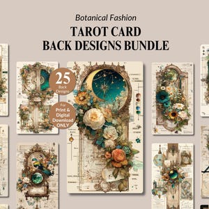 Puede incluir: Un conjunto de diseños de dorso de cartas de tarot con temas botánicos y celestiales. Los diseños incluyen arreglos florales, lunas y marcos de estilo vintage. El texto dice "Botanical Fashion TAROT CARD BACK DESIGNS BUNDLE" y "25 Back Designs".