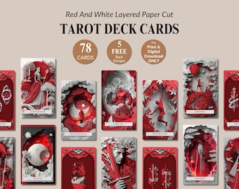 Printable Red Layered Paper Cut Tarot Deck Art Tarot Digital Download Unique Tarot 78 Deck Card Bundle For Beginners PNG Aesthetic Cards Set