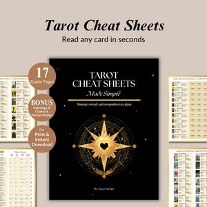 Könnte beinhalten: Ein digitaler Download mit dem Titel "Tarot Cheat Sheets" mit dem Text "Read any card in seconds". Das Cover ist schwarz mit goldenen Akzenten und zeigt ein Kompassdesign. Zusätzliche Seiten mit Tarotkarteninformationen sind sichtbar. Enthält 17 Leitfäden und Bonusinhalte.