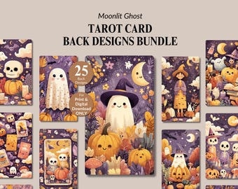 Printable Moonlit Ghost Back Design Tarot Bundle Digital Download Tarot Collection Cute Card Decks Halloween Tarot PNG Bundle Cards Designer