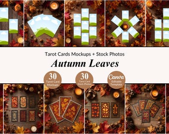 Pacote com 30 Mockups de Tarot com Folhas de Outono e Fotos de Banco de Imagens, Mockup de Tarot, Modelo para Canva para Negócios Espirituais, Postagens no Instagram, Fotos de Produtos em Flat Lattion.