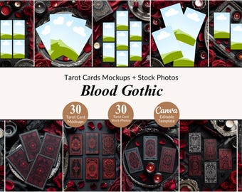 Pacote com 30 Mockups e Fotos de Tarot Gótico Sangrento - Cartas de Tarot Góticas Sombrias - Modelo para Canva para Negócios Espirituais - Fotos Flat Lay de Tarot