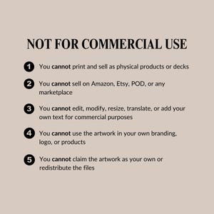 May include: A beige background with black text that reads "NOT FOR COMMERCIAL USE." The text is followed by five numbered statements detailing restrictions on the use of the artwork, including prohibitions on selling, editing, and claiming the artwork as one's own.