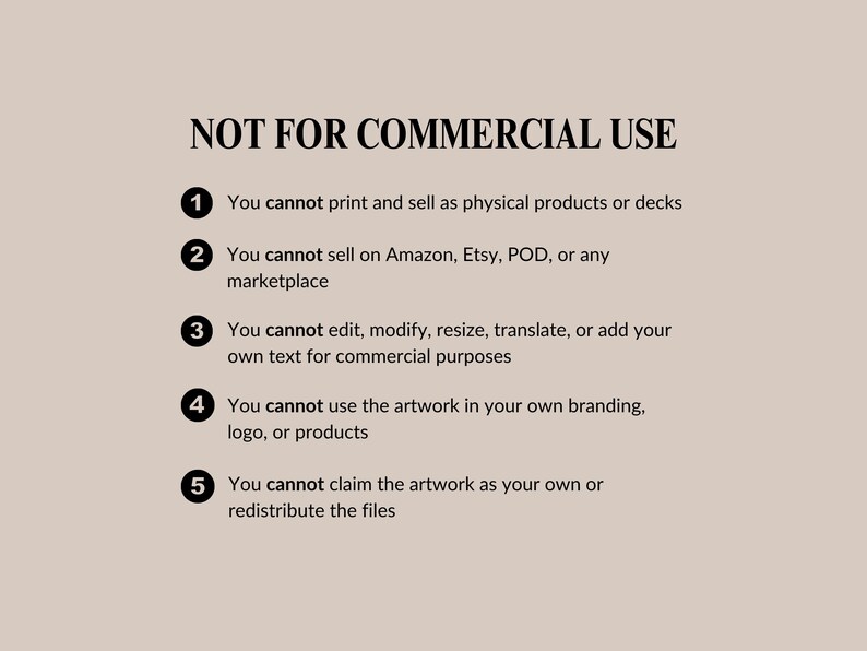 May include: A beige background with black text that reads "NOT FOR COMMERCIAL USE." The text is followed by five numbered statements detailing restrictions on the use of the artwork, including prohibitions on selling, editing, and claiming the artwork as one's own.